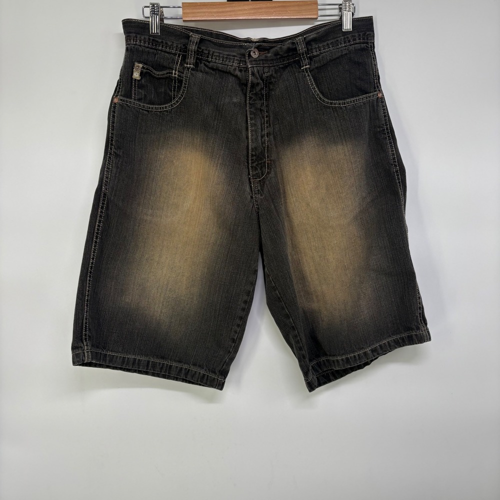 Southpole Mens Black Denim Shorts Baggy Y2K Streetwear Sandblasted Size 34